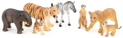 Produktbild von Tierfiguren Set Spielfiguren Tiere 3,5-10 cm  Wildnis  7 Tiere - Zebra Erdmännchen Löwin kleiner Löwe Elefant