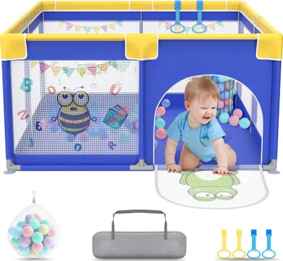 Image de ACXIN Parc pour b?b ? 127x127cmParc pour b?b ? avec 50 balles Ocean & 4 anneaux de traction & sac de transport, Tente de parc pliable avec filet respirant pour enfants, bleu avec motifs d'animaux