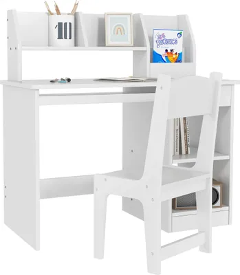 Image de Bureau et chaise pour enfants - Ensemble - Pour enfants de 5 ans et plus - Avec deux tiroirs - A monter soi-même - Blanc