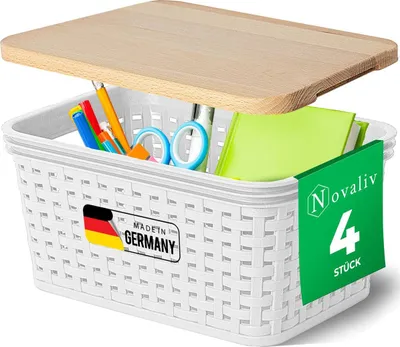 Produktbild von Novaliv 4er Set Elegante Aufbewahrungskörbe mit Holzdeckel Rattan-Optik | Weiß Lebensmittelecht Kunststoff 2L – für Büro und Zuhause. Vielseitige Kisten zur Aufbewahrung. Ideale Aufbewahrungsbox