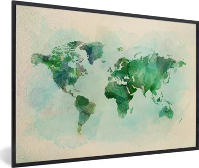 Produktbild von MuchoWow® MuchoWow® Gerahmtes Poster Weltkarte - Aquarell - Grün 30x20 cm - Poster mit zchwarzem Bilderrahmen - Kunstdruck - Bild-Poster
