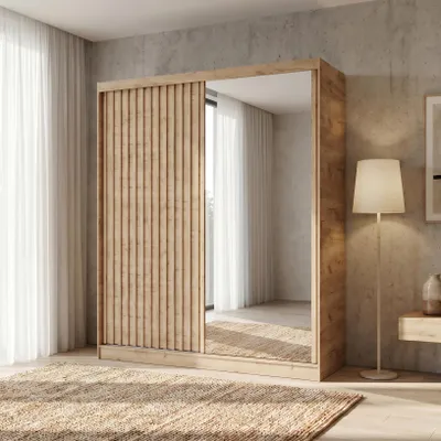 Produktbild von BEAUTYSOFA | Kleiderschrank DONATELLO 180 cm Artisan/Artisan mit Spiegel und Lamellen Schwebetürenschrank modern