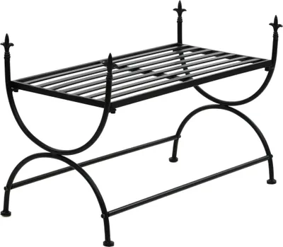 A black metal bench with a vintage-inspired design.