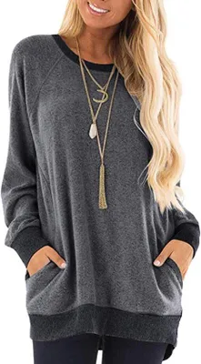 Produktbild von Damen-Oberteile mit langen Ärmeln – Rundhalsausschnitt – Lässige Pullover mit Taschen – Bequemer Herbstpullover