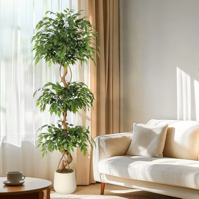 Produktbild von Kunstpflanzen Ficus Benjamini Ficusbaum mit Topf 180 cm – Birkenfeige mit Echtholzstamm, täuschend echte Seidenblätter, pflegeleicht & immergrün