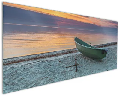 Produktbild von Wallario Küchenrückwand aus Glas, Größe: 125 x 50 cm, Motiv: Einsames Fischerboot mit Anker am Strand | Spritzschutz | abwischbar | pflegeleicht | in