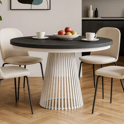 Produktbild von BEAUTYSOFA | Runder Ausziehbarer Tisch LUMI Ø 100–180 cm, Tisch für Esszimmer, Loft-Stil, Skandinavische, Weiß/Schwarz