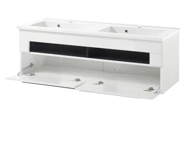 A white double vanity sink with open cabinet doors, shown against a white background.
