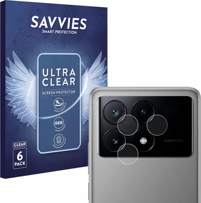 A product packaging box for screen protectors is shown next to a smartphone with camera lens protectors applied.