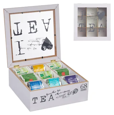 Image de Boîte à thé Relaxdays, 9 compartiments, rangement pour sachets de thé, MDF, acrylique, boîte à thé avec fenêtre transparente, H x L x l : 9 x 25 x 25 cm, blanc/gris