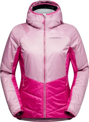 Damenjacke "Mythic Primaloft Jkt W" von La Sportiva in Pink mit Kapuze und isolierendem Material.