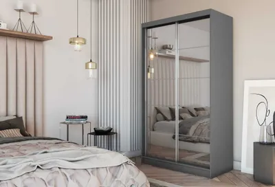 Produktbild von AGMAT Schwebetürenschrank Lores, Kleiderschrank mit 2 Türen, Moderne Garderobe in Farbe: Graphit, Schrank in Größe: 150 x 216 x 61 cm