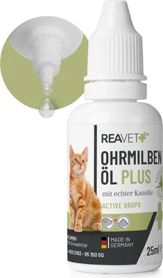 A bottle of ear mite oil for cats with a close-up of a drop falling from the applicator.