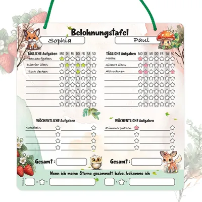 Produktbild von Belohnungstafel Kinder ab 3 - Aufgabenplaner Kinder für tägliche und wöchentliche Aufgaben | Für zwei Kinder, Sternesystem zur Motivation | Abwischbar & wiederverwendbar | Ink. 4 Markenstifte | Ideal für Routine Planer Kinder