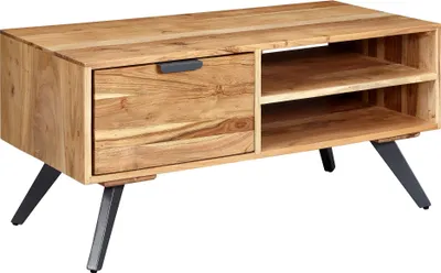 Couchtisch Akazie Massivholz mit Schublade und offenen Fächern, Gesamtansicht von vorne.