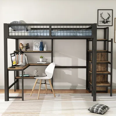 Zdjęcie produktu dla Łóżko loftowe 140*200 cm, kilka półek, wbudowana szafa, czarne