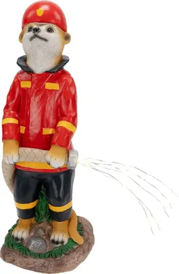 Produktbild von Erdmännchen Gartenfigur mit LED Licht und Solar-Technik, Stein-Optik (Feuerwehrmann)