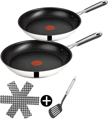 Two frying pans and a spatula are displayed against a white background.