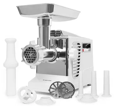 Zdjęcie produktu dla Klarstein Kraftprotz - elektryczny młynek do mięsa, moc: 700 W, maksymalna moc przy zablokowaniu: 1800 W, silnik miedziany, 2 prędkości i funkcja cofania, obudowa aluminiowa, nóż ze stali nierdzewnej, kolor: biały/srebrny