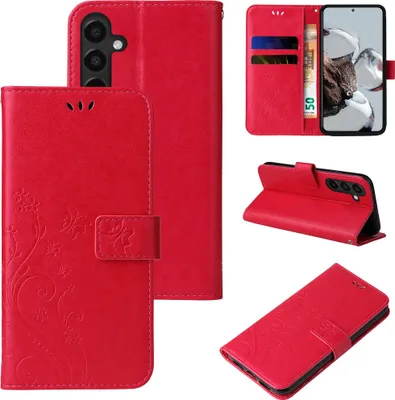 A collage of images showing a red floral and butterfly embossed flip phone case for a Samsung Galaxy A16/A16 5G.