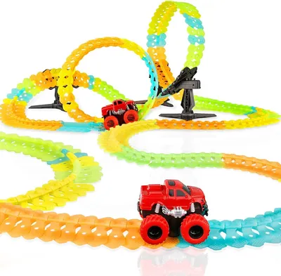Produktbild von Autorennbahn Spielzeug Set mit 145 Bastelteilen und 1 Glow Car, Spielzeug Rennbahn, Kinder Geschenkidee - LUMITRACK