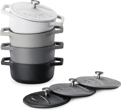 Produktbild von Navaris Mini Cocotte Set - 4x Gusseisen Mini Topf Schwarz Weiß - Optimale Wärme Distribution - Mini Auflaufform mit Deckel - Kleine Dessert Töpfe -
