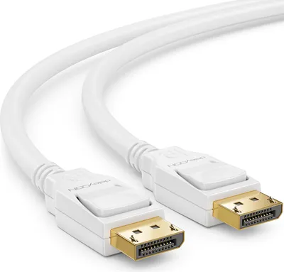A white DisplayPort cable with gold-plated connectors is shown against a white background.