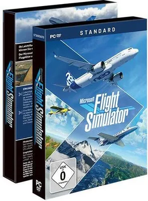 Two boxes of Microsoft Flight Simulator Standard Edition software are shown, one slightly behind the other.