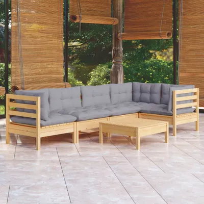 Produktbild von [Home] 6-tlg. Garten-Lounge-Set mit Grauen Kissen Kiefernholz , Neue Mode 2024 im häuslichen Leben