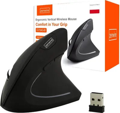 A black ergonomic vertical wireless mouse and its packaging are displayed against a white background. A USB receiver is also shown.
