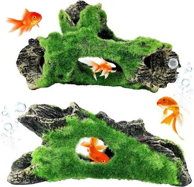 Produktbild von Set von 2 Baumstamm-Dekorationen mit Moos für Aquarium - Versteckmöglichkeiten für Fische und Garnelen