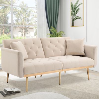 okwish 3-místná designová pohovka z jemného sametu, rozkládací pohovka, denní postel, čalouněná postel, béžová
