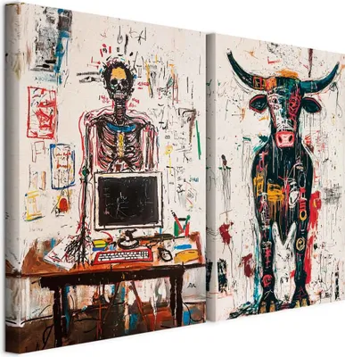 Produktbild von murando - Akustikbild Bilder XL Set Bunter Stier Kunstdruck auf Leinwandbild 80x60cm 2 Teilig je 40x60cm Collage 2er Kunst Wandpaneele Schalldämmung Leinwandbilder Dekoration - Tier h-H-10096-b-a