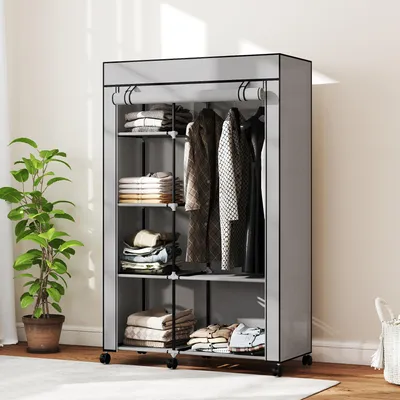 Produktbild von SUGIFT Faltschrank Vliesstoff, Stoffschrank Hellgrau mit Kleiderstange, 6 Regalebenen, Stahlrahmen | schnell aufgebaut | 2,6 kg | 103 x 43 x 162,5 cm