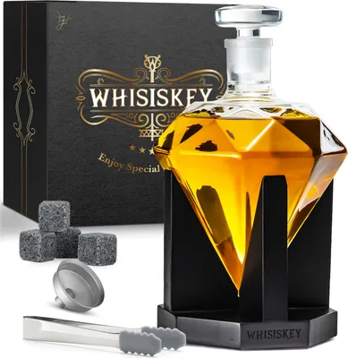 Imagen del producto de Decantador de whisky - Juego de whisky - Diamond - 900 ml - Incluye 4 piedras de acero inoxidable y un embudo - Regalos para hombres