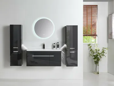 Produktbild von Badmöbel Set 90cm Schwarz Hochglanz Keramik Becken runder LED Spiegel Badezimmermöbel, Seitenschrank:1x Seitenschrank Rechts, K-Farbe:Schwarz, Material:MDF Hochglanz lackiert, Montiert:Ja Vormontiert