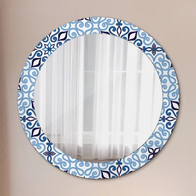 Produktbild von Wohnzimmer Spiegel - Mirror zum Wandspiegel Schlafzimmer – Schminkspiegel - Blau Arabisch Muster - Rund: Ø70cm