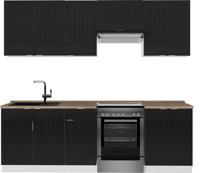 Produktbild von Küchenzeile Vicco Fame-Line Schwarz gestreift/Weiß 240 cm , AP Eiche, Model 51097