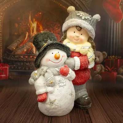Produktbild von Dekorative Figur Mädchen mit Schneemann 44 cm Solis Decor