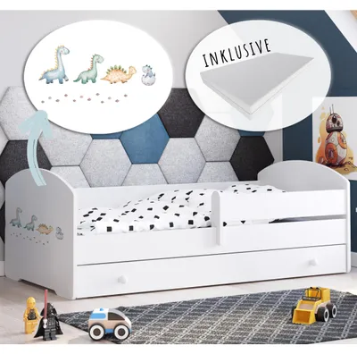 Obrázok produktu pre Detská posteľ 80x160 cm s matracom a zásuvkou, ochranou proti vypadnutiu a lamelovým roštom v bielej farbe s motívom dinosaurov Kompletná posteľ pre mladých Jednolôžková posteľ Drevo