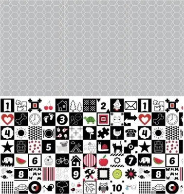 A collage of black and white images with numbers and icons, set against a gray hexagonal pattern background.