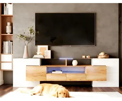 Immagine prodotto di Mobile TV in stile marmo con illuminazione LED, finitura lucida, 145 cm, bianco/legno