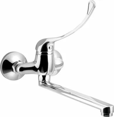 A chrome-plated wall-mounted faucet with a long spout and a single lever handle, shown against a white background.