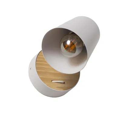 Produktbild von LIMA Wandleuchte E27 mit Schalter, verstellbarer Wandspot aus Metall und Holz, weiße Leselampe im nordischen Stil für Schlafzimmer Wohnzimmer