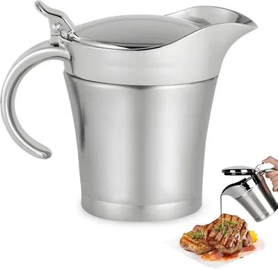 Produktbild von Edelstahl Thermo Sauciere 450ml: Soßenspender Doppelwandig mit Klappdeckel und Henkel, Soßenkanne Milchkännchen Isolierter Soßenkrug zum Servieren von Soße, Vanillesoße, Sahne, Soße