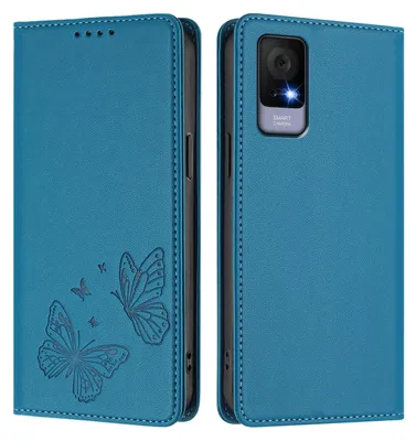 Image de Étui en cuir pour TCL 405/406/406s/408/T506D, motif papillon, étui à rabat avec porte-appareil, bleu