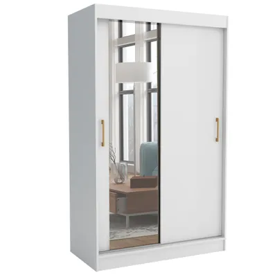 Produktbild von Schwebetürenschrank JOHNY in Weiß Gold, mit Spiegel, Regalen und Kleiderstangen – Funktionalität trifft auf modernes Design!