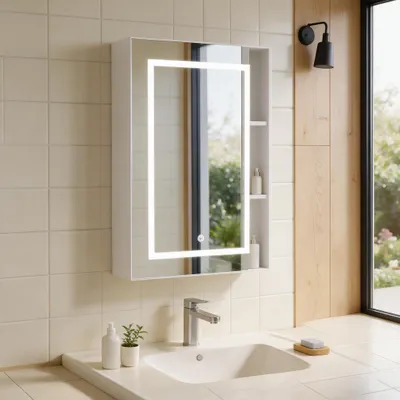 Produktbild von INONEFT Spiegelschrank Bad mit Beleuchtung, Einzeltür Badezimmerschrank mit verstellbaren Glasregalen, Wandschrank mit Spiegel, 50x70x12,5 cm, Weiß