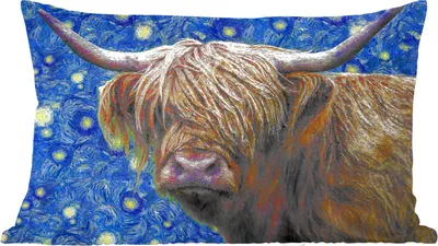 Produktbild von MuchoWow® Zierkissen Sofakissen Wohnzimmer Dekokissen 60x40 cm Scottish Hochlandrind - Sternennacht - Van Gogh - Kopfkissen - Polster mit Foto