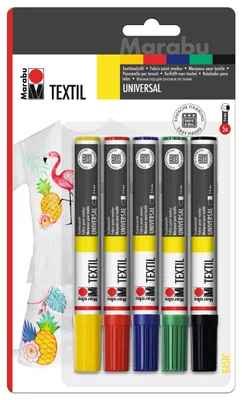 Produktbild von Marabu Textil Painter, 5er-Blister-Sortierung, 5 x 2-4 mm, Schwarz, Blau, Grün, Rot, Gelb, Mehrfarbig, 5 Farben, Rund, 4 mm, 6 Jahr(e)